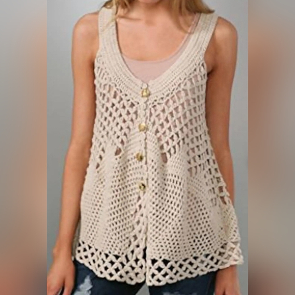 Free People tan crochet loose knit vest cardigan women's size Medium